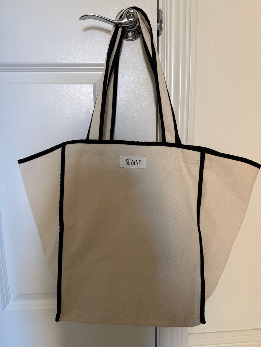 Sezane Canvas Tote Bag in Natural with Black Trim